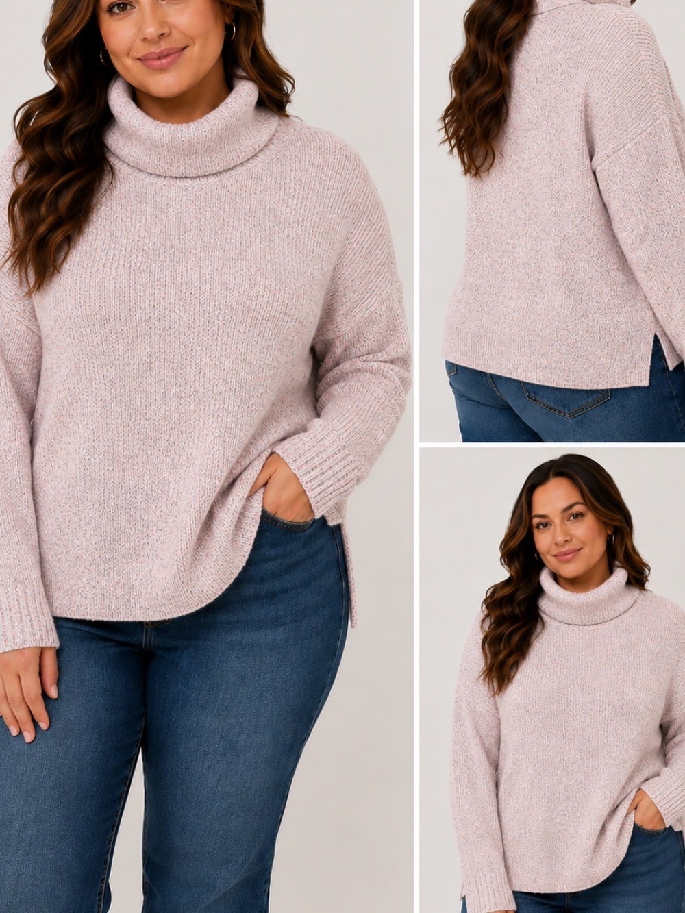 Pink Clover Cozy Women's Light Gray/pale pink Turtleneck Sweater SZ LG